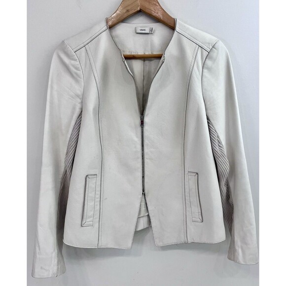 Vince Lamb Leather Zip Collarless Jacket Mix Knit Sleeve Ivory/White Cream Sz 6